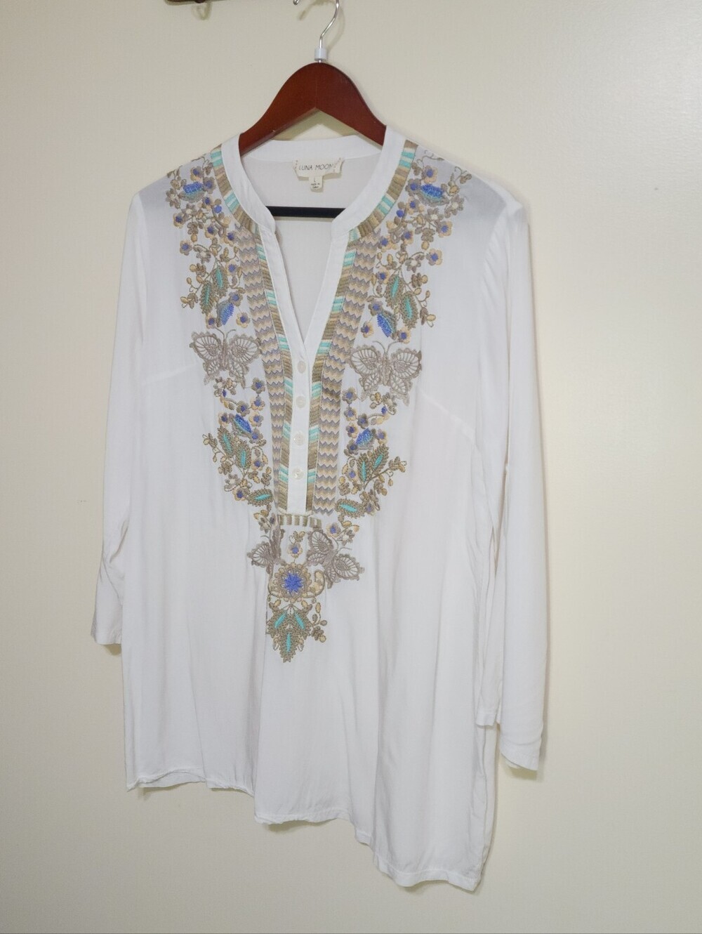 Anthropologie Tunic Luna Moon White W-Blue Floral Embroidered Women's Size Large